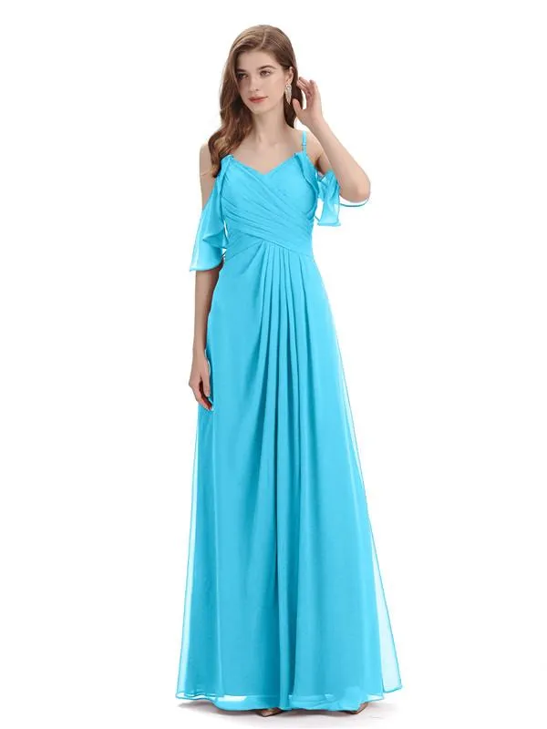 A-line off the Shoulder Spaghetti Straps Floor-Length Bridesmaid Dresses