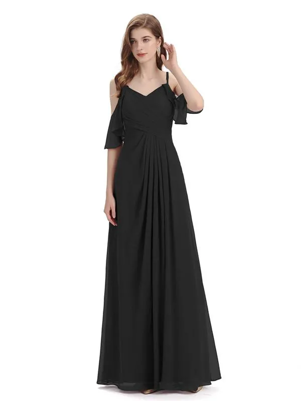 A-line off the Shoulder Spaghetti Straps Floor-Length Bridesmaid Dresses