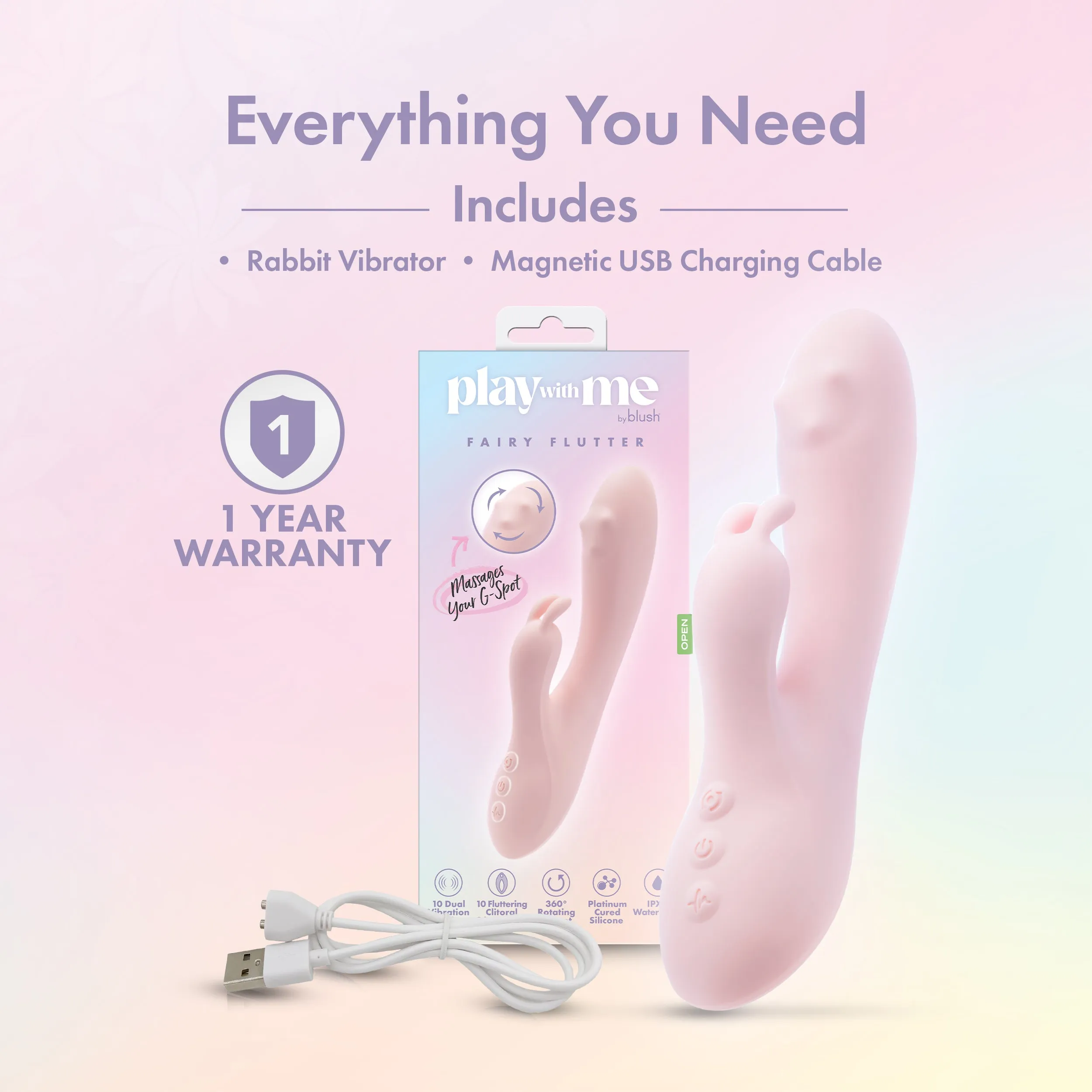 Play With Me By Blush® | Fairy Flutter - 7.75 Inch G Spot Clitoral Rabbit - 10 Dual Vibrations - 360° Massaging - Silicone - Pink