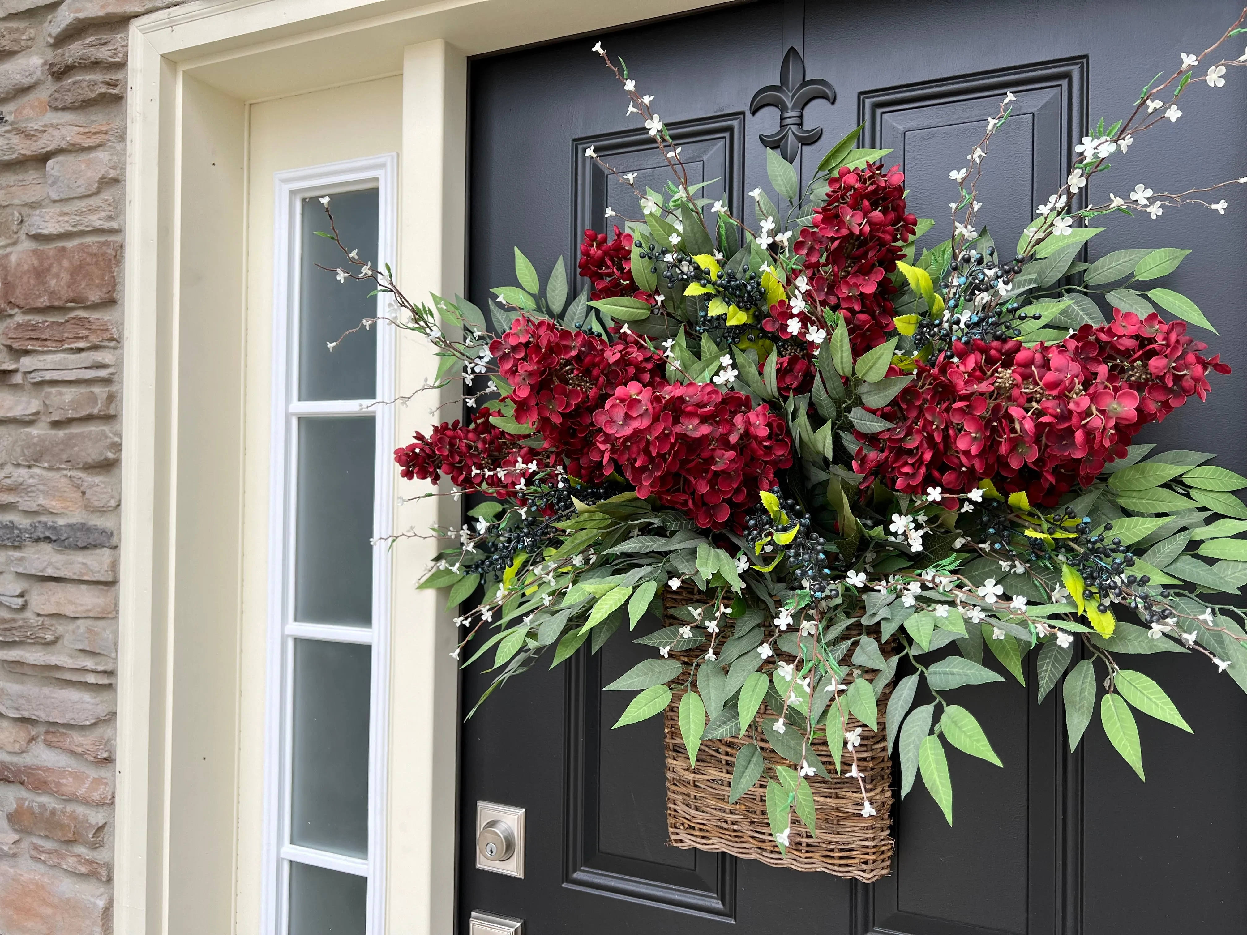 Red Hydrangea Patriotic Door Basket with American Flag