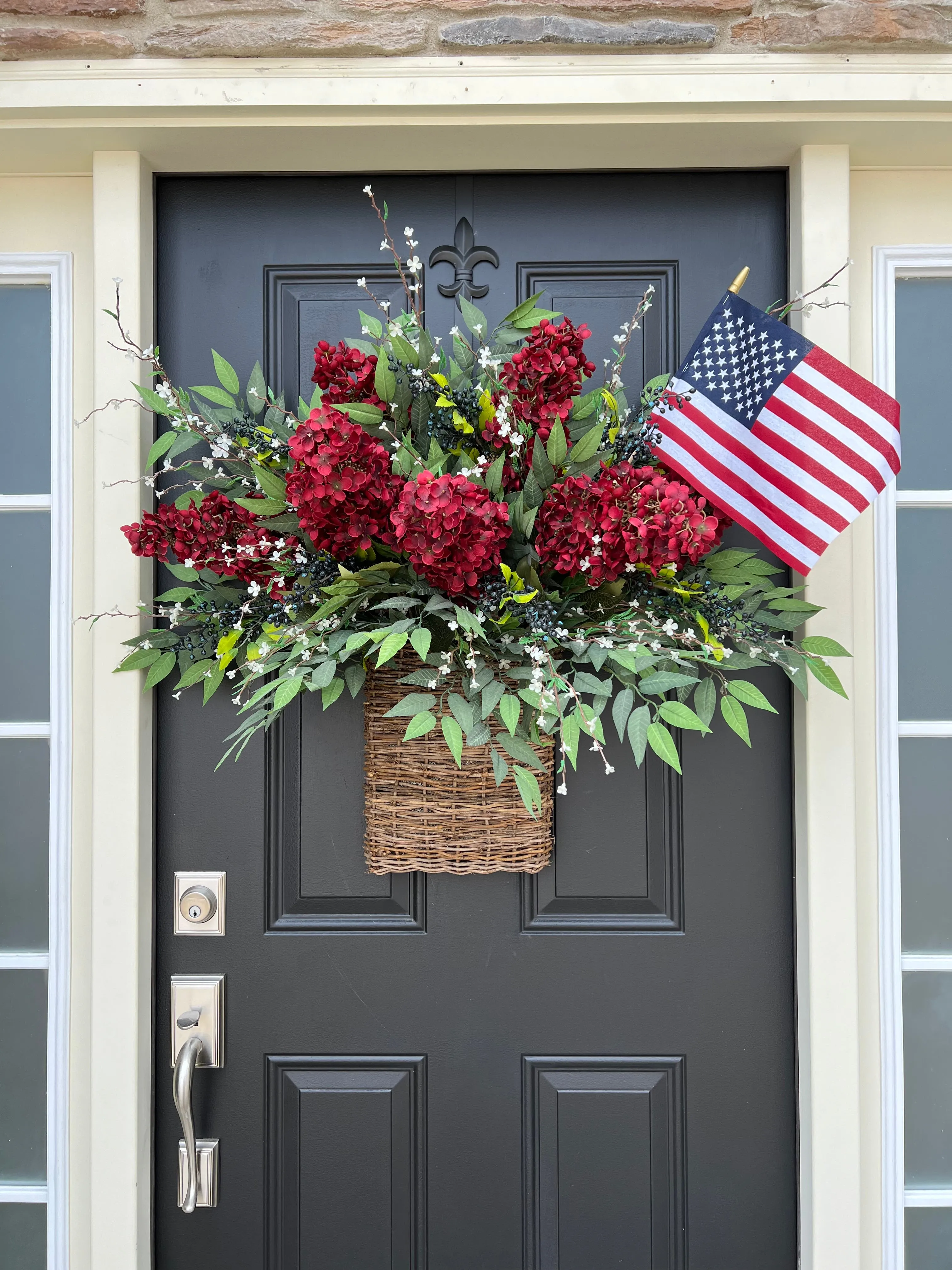 Red Hydrangea Patriotic Door Basket with American Flag