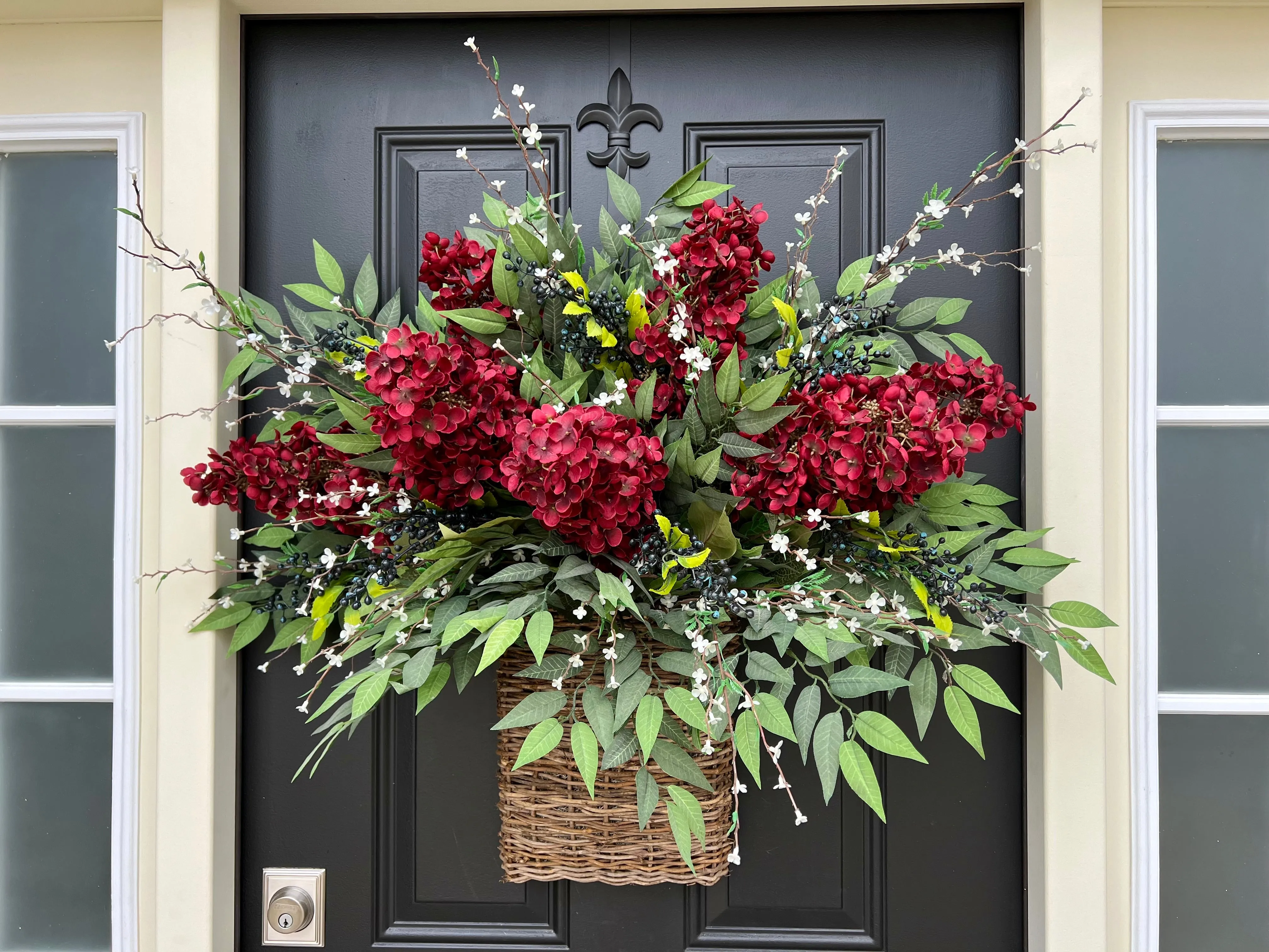 Red Hydrangea Patriotic Door Basket with American Flag