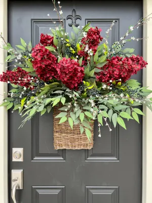 Red Hydrangea Patriotic Door Basket with American Flag