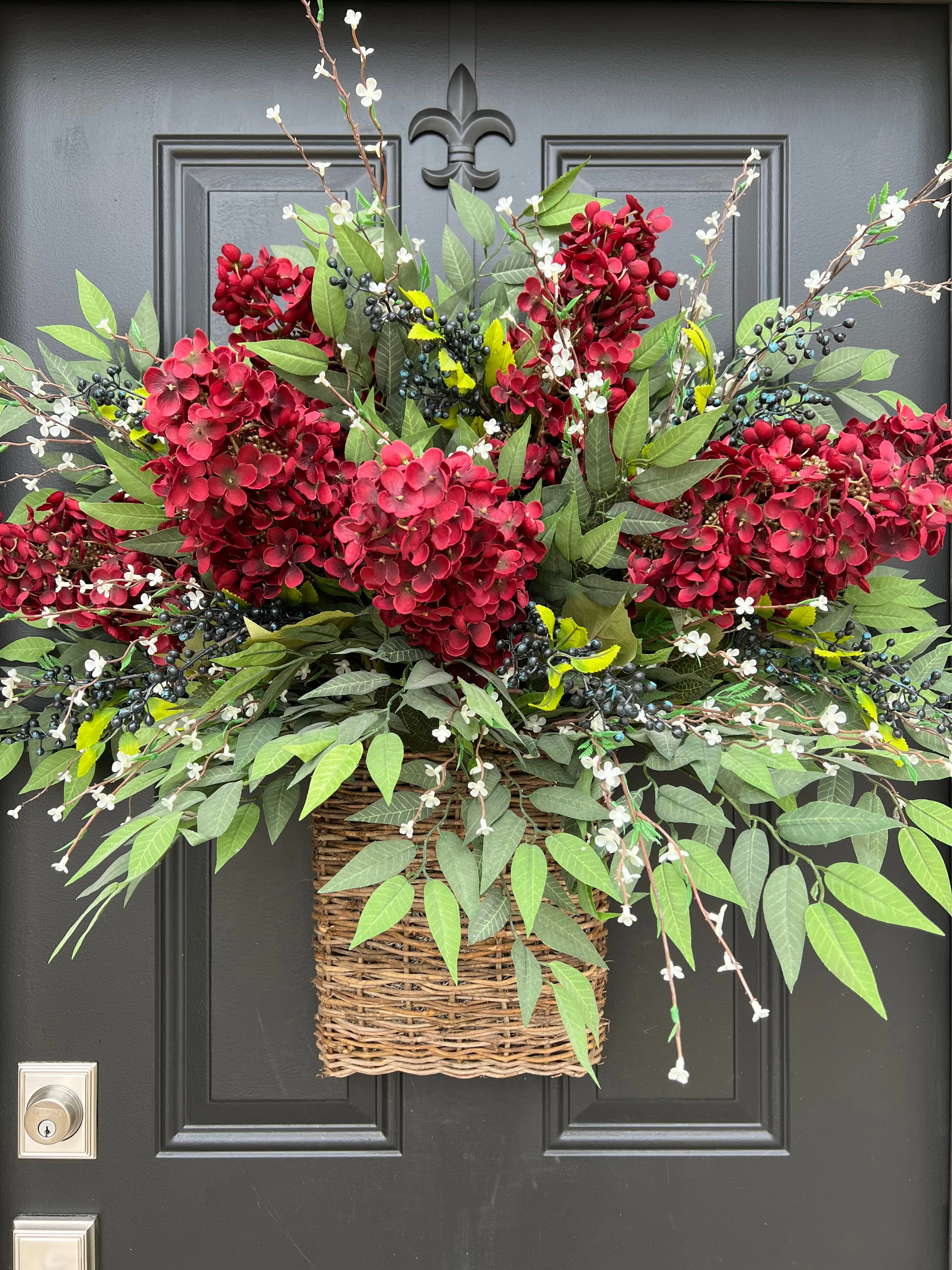 Red Hydrangea Patriotic Door Basket with American Flag