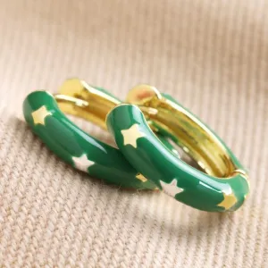 Starry Green Enamel Hoop Earrings