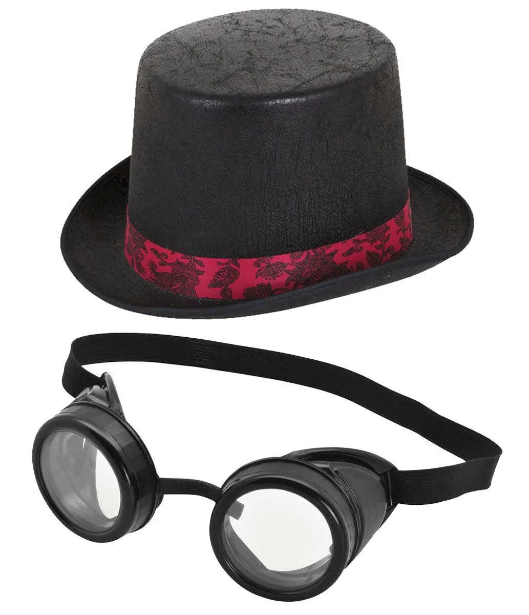 Steampunk Adventure Set - Black Top Hat with Black Frame Goggles for Adults