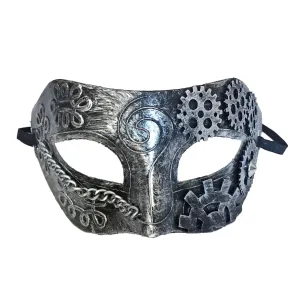 Steampunk Mens Masquerade Mask Silver With Link Chain