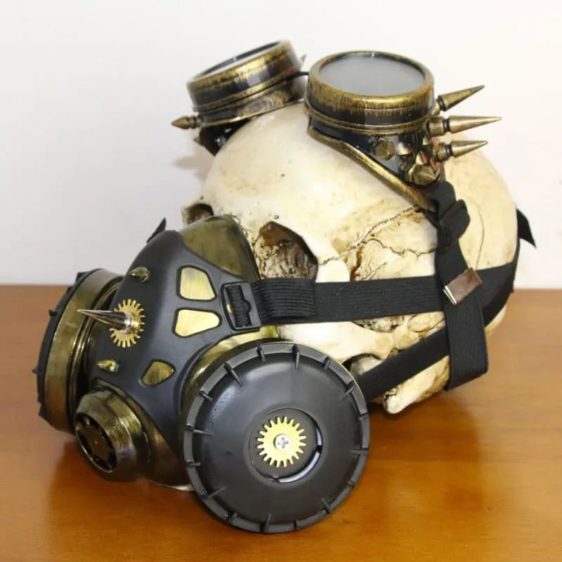 Vintage Bronze Steampunk Cosplay Gas Mask with Skull and Sun Symbols